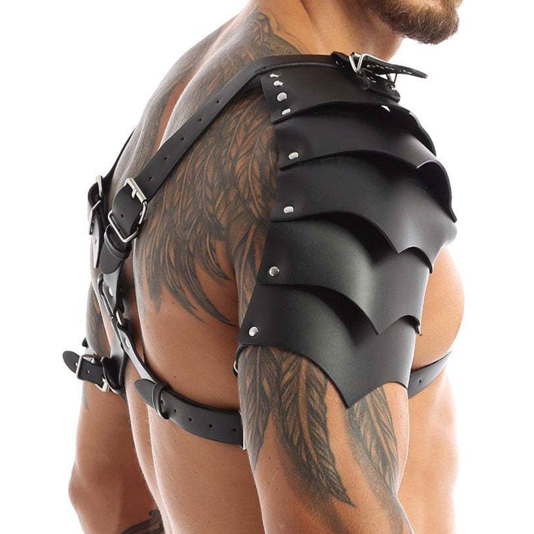 Leather faux-leather PU metallic-alloy grommets accessories top harness chest-harness shoulder-armor pauldron segmented O-ring x-shaped riveted adjustable buckle shiny matte-glossy comfortable lightweight breathable medieval renfaire renaissance festival fantasy parties roleplay role-play uniform warrior gladiator viking costume cosplay halloween halloween-costumes halloween-accessories male masculine masc mens menswear guys dudes lgbtq gay pride unisex black