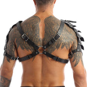 Leather faux-leather PU metallic-alloy grommets accessories top harness chest-harness shoulder-armor pauldron segmented O-ring x-shaped riveted adjustable buckle shiny matte-glossy comfortable lightweight breathable medieval renfaire renaissance festival fantasy parties roleplay role-play uniform warrior gladiator viking costume cosplay halloween halloween-costumes halloween-accessories male masculine masc mens menswear guys dudes lgbtq gay pride unisex black