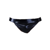 High-shine latex jockstrap with a textured armor pouch, contoured support, and a revealing open-back design.