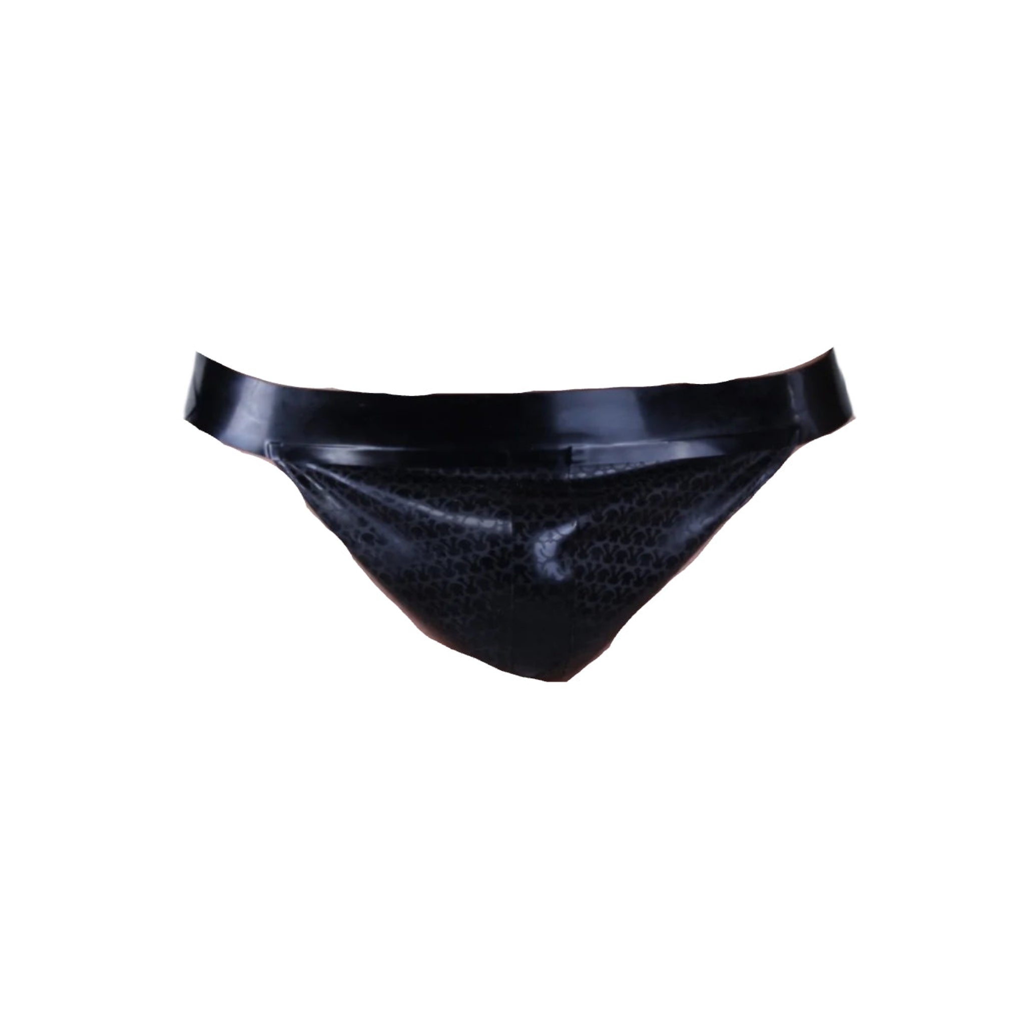 High-shine latex jockstrap with a textured armor pouch, contoured support, and a revealing open-back design.