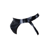 High-shine latex jockstrap with a textured armor pouch, contoured support, and a revealing open-back design.