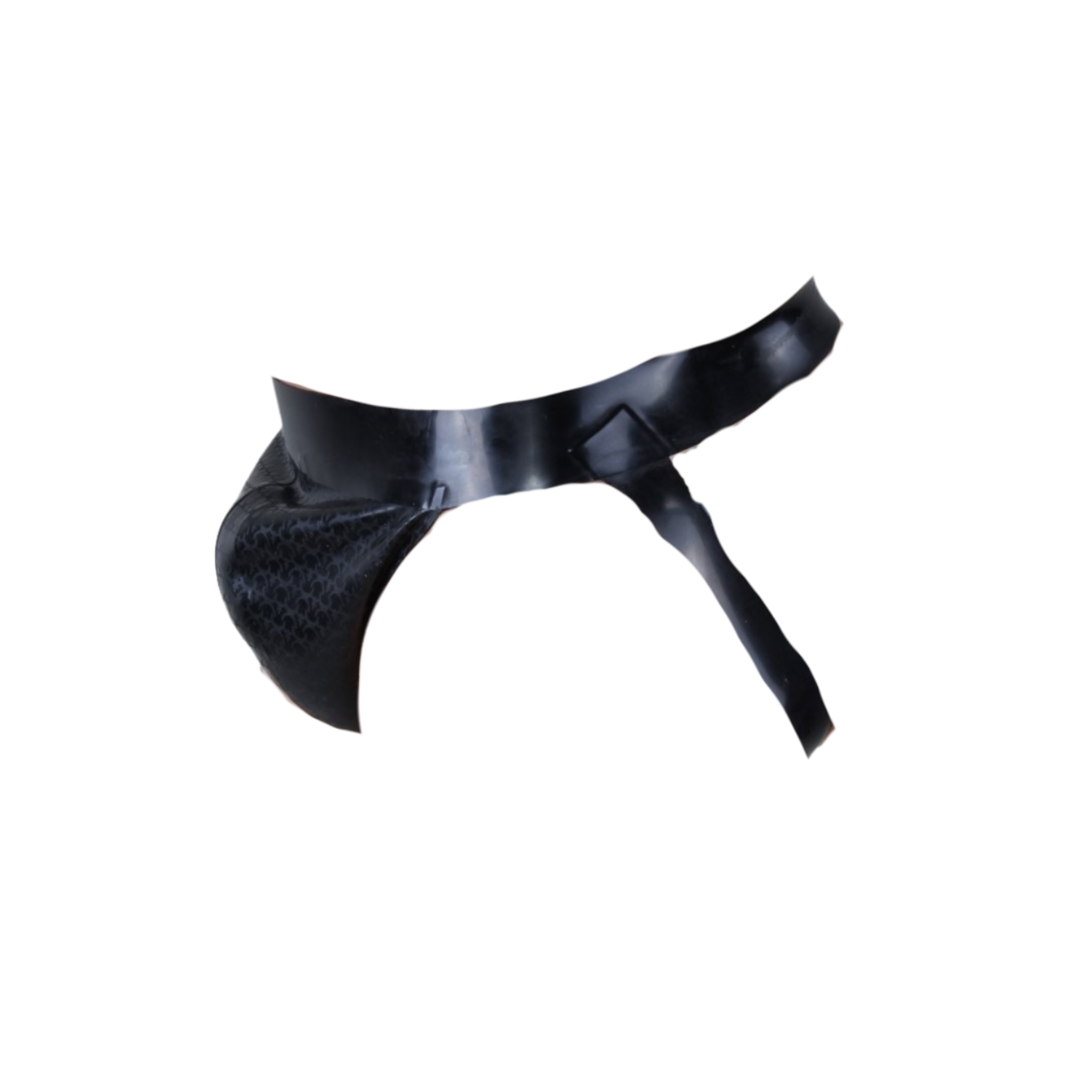 High-shine latex jockstrap with a textured armor pouch, contoured support, and a revealing open-back design.