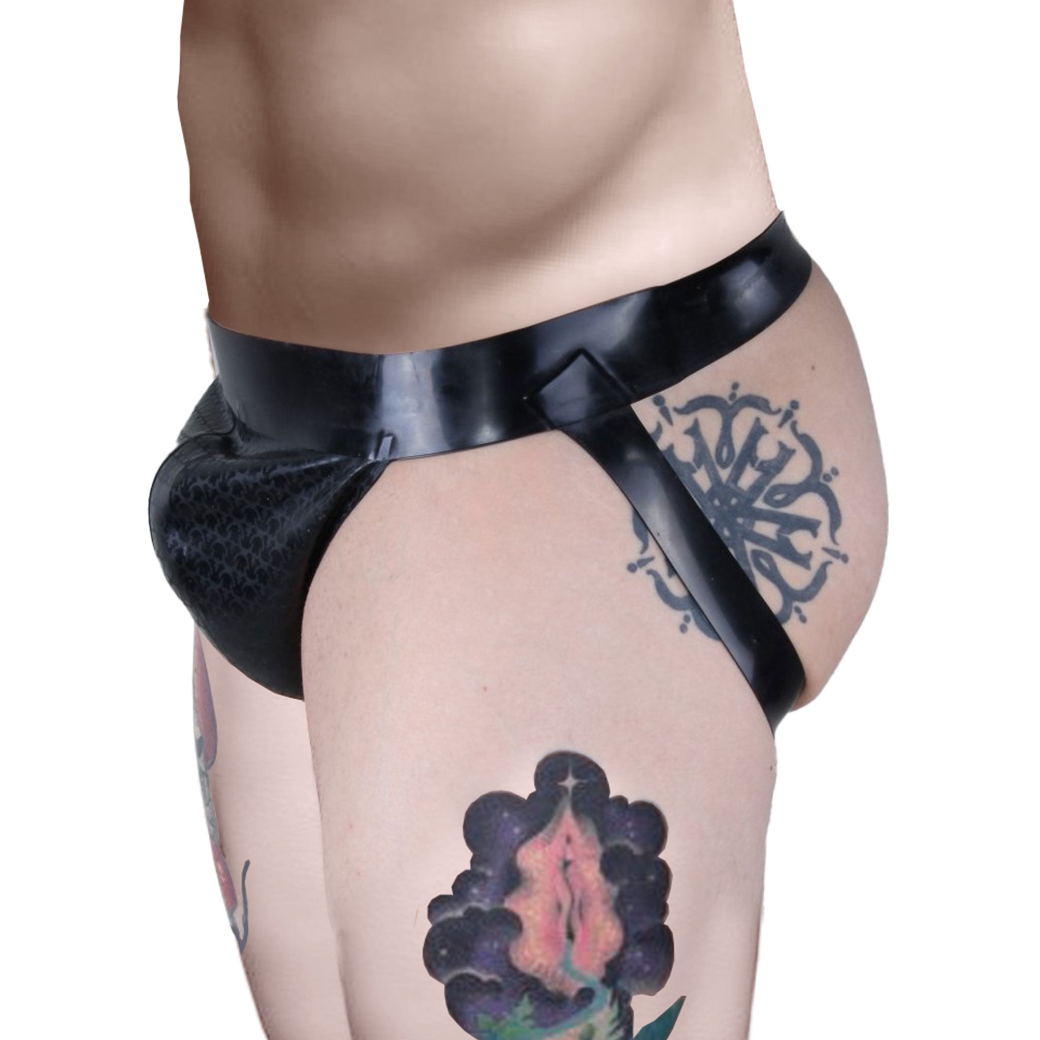 Latex underwear jock jock-strap jockstrap textured armor-texture crotch-pouch exposed-back pullon pull-on shiny snug-fit classic edgy fetish fashion bdsm bdsm-gear bdsm-fashion sexy basic gay male masculine masc mens dudes guys black
