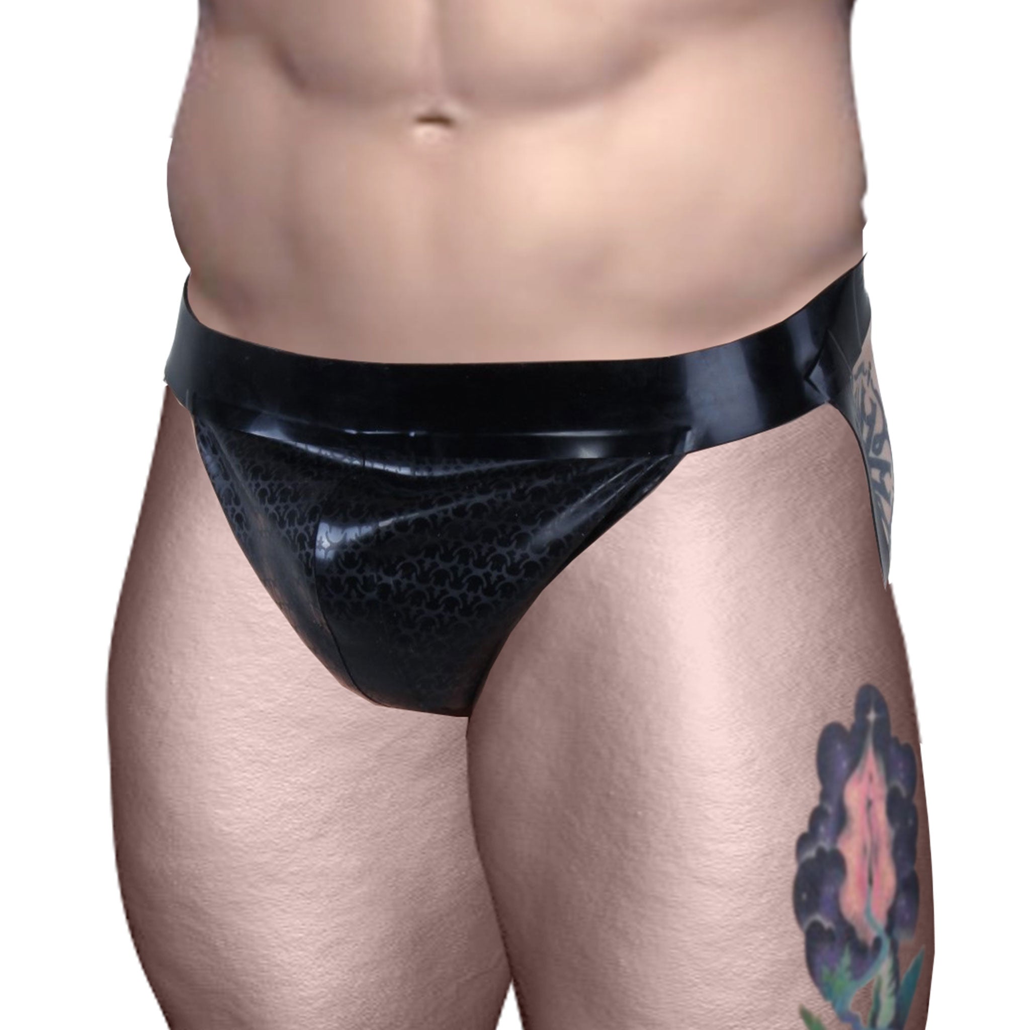 Latex underwear jock jock-strap jockstrap textured armor-texture crotch-pouch exposed-back pullon pull-on shiny snug-fit classic edgy fetish fashion bdsm bdsm-gear bdsm-fashion sexy basic gay male masculine masc mens dudes guys black