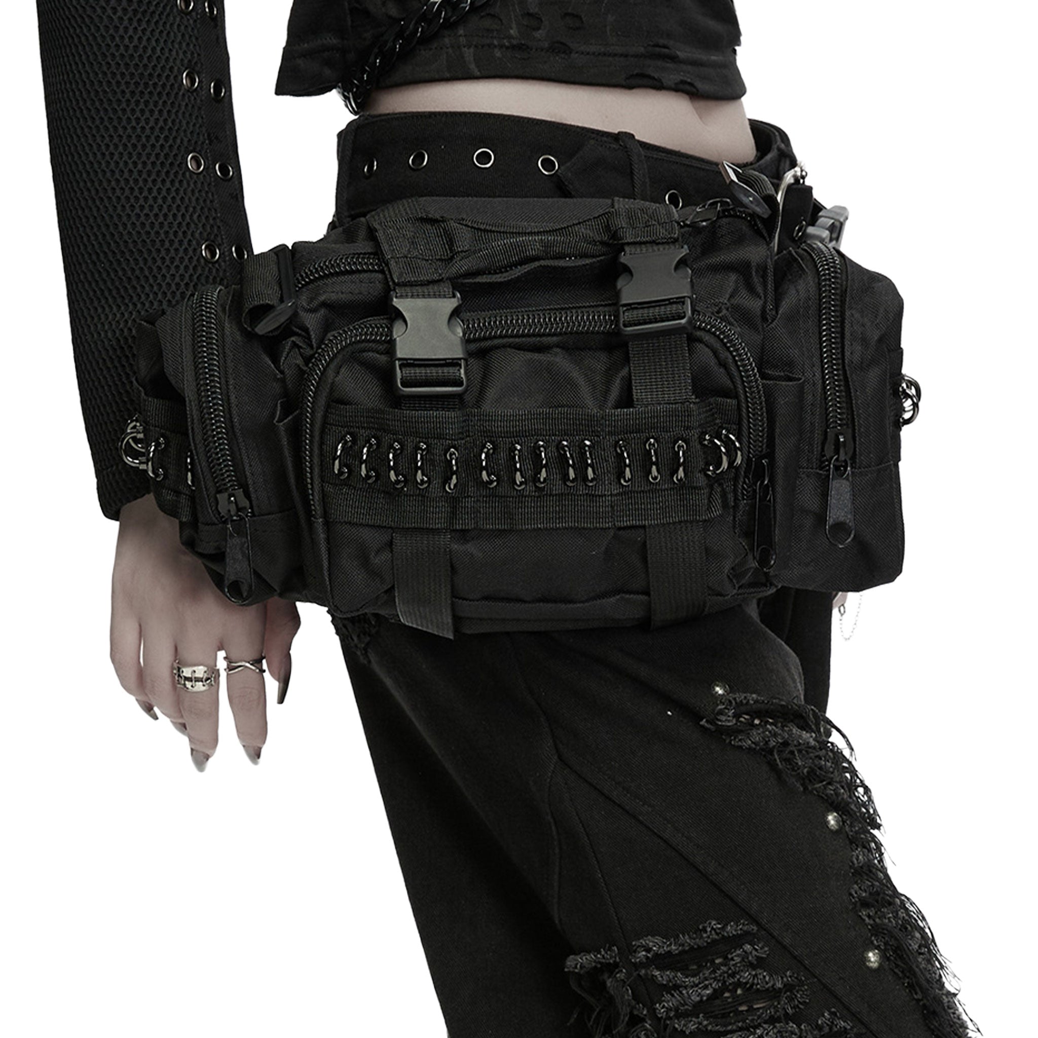 Oxford-cloth polyester plastic accessories bag messenger-bag armory safety-buckle zipper multi-zip pocket-zip multi-pocket snap-button press-studs shoulder-strap crossbody-strap wide-strap waist-strap adjustable abrasion-resistant tear-proof thick firm sturdy durable utility convertible fashion alt-fashion alternative punk goth gothic cyber cyberpunk industrial rave raver-babe festival costume cosplay halloween afterdark-collection gifts unisex black