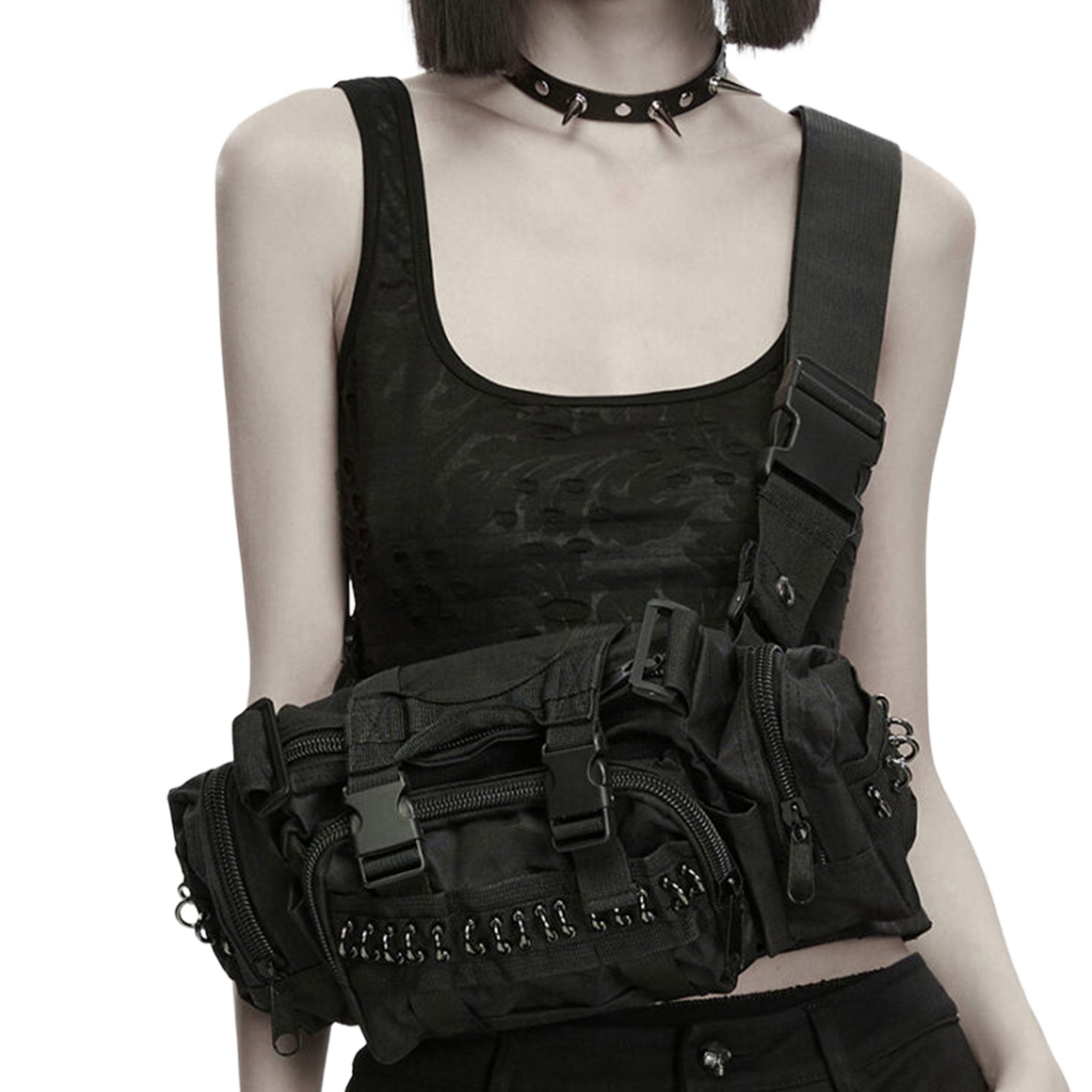 Oxford-cloth polyester plastic accessories bag messenger-bag armory safety-buckle zipper multi-zip pocket-zip multi-pocket snap-button press-studs shoulder-strap crossbody-strap wide-strap waist-strap adjustable abrasion-resistant tear-proof thick firm sturdy durable utility convertible fashion alt-fashion alternative punk goth gothic cyber cyberpunk industrial rave raver-babe festival costume cosplay halloween afterdark-collection gifts unisex black