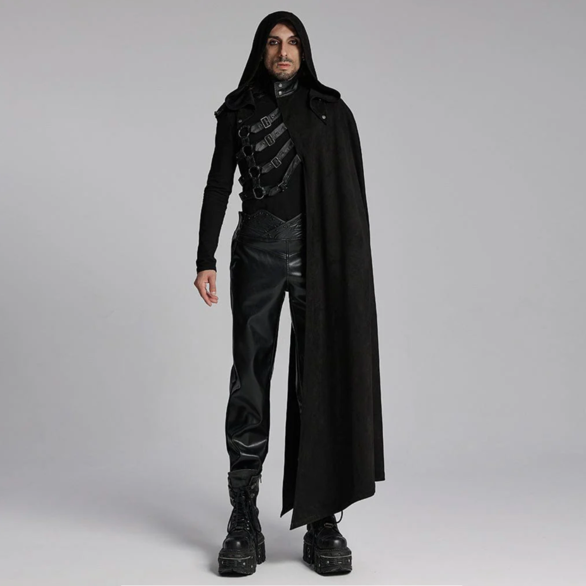 asymmetric cloak detachable hood gothic cape faux leather accents layered design alternative fashion punk steampunk victorian fetish factory dramatic outerwear
