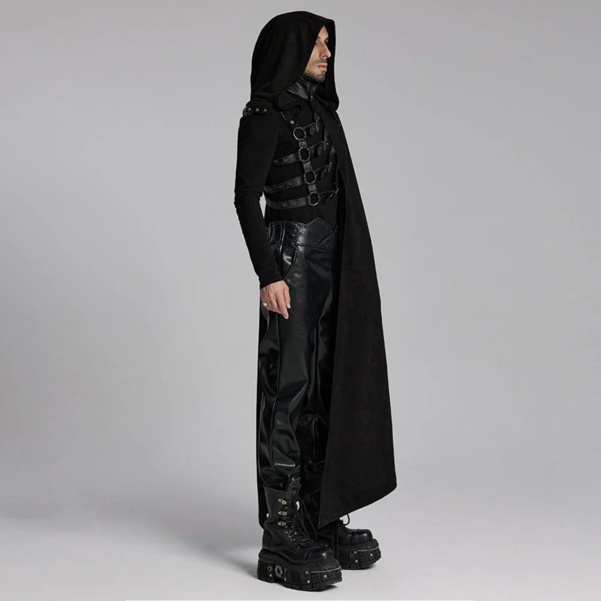 asymmetric cloak detachable hood gothic cape faux leather accents layered design alternative fashion punk steampunk victorian fetish factory dramatic outerwear