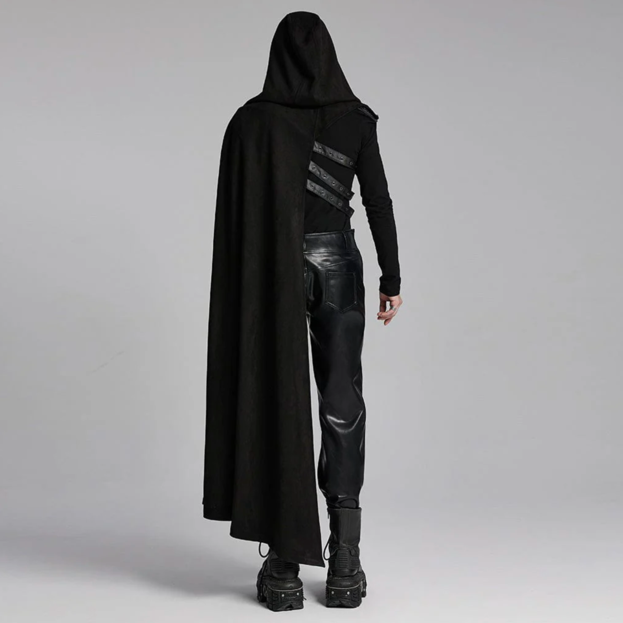 asymmetric cloak detachable hood gothic cape faux leather accents layered design alternative fashion punk steampunk victorian fetish factory dramatic outerwear
