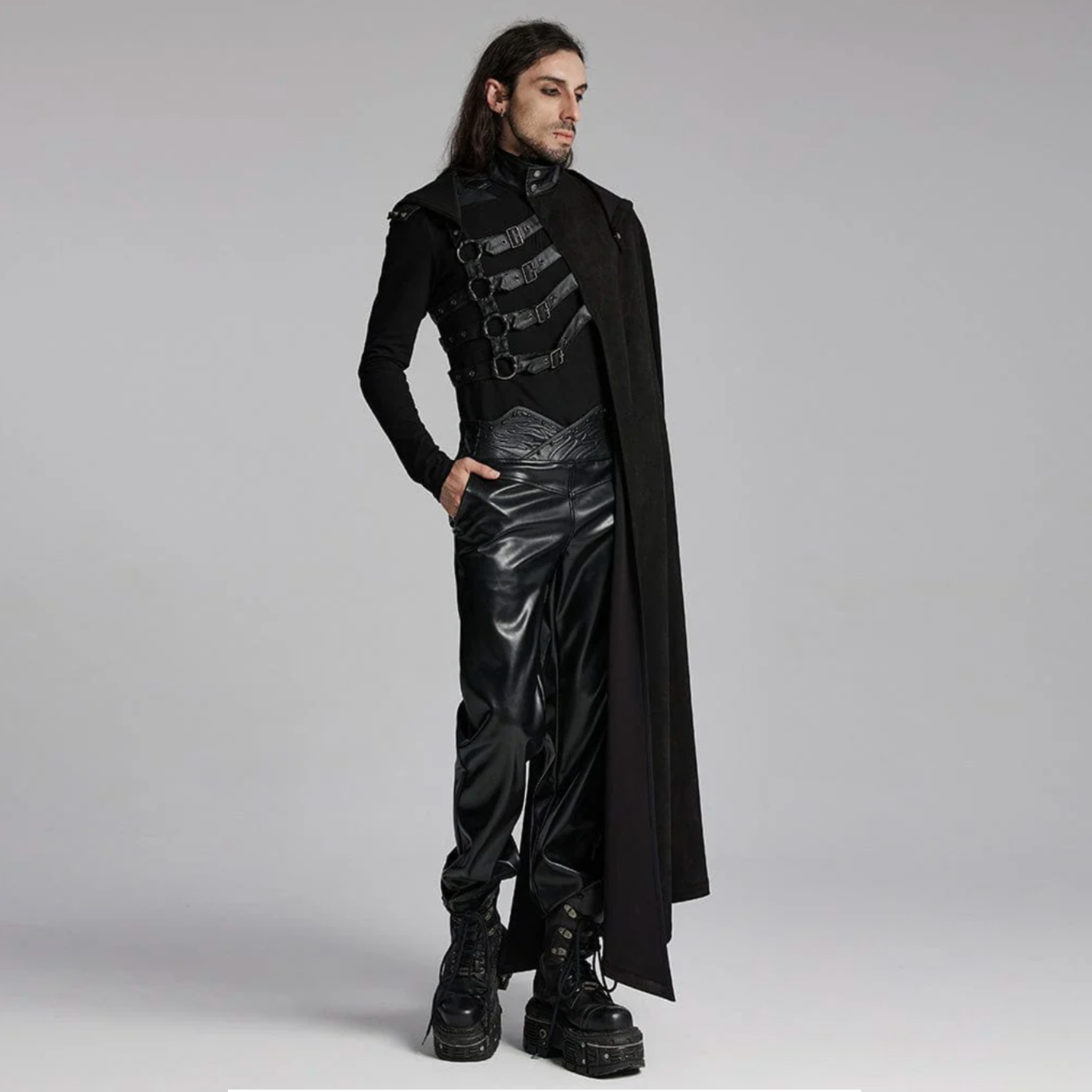 asymmetric cloak detachable hood gothic cape faux leather accents layered design alternative fashion punk steampunk victorian fetish factory dramatic outerwear