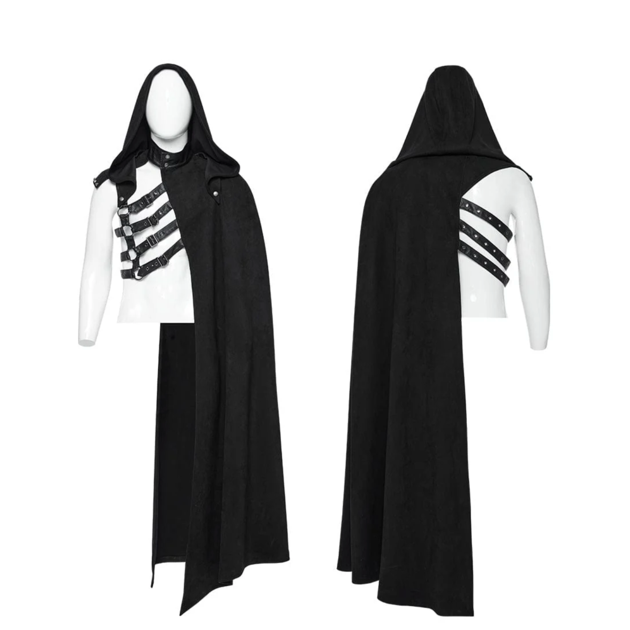 asymmetric cloak detachable hood gothic cape faux leather accents layered design alternative fashion punk steampunk victorian fetish factory dramatic outerwear