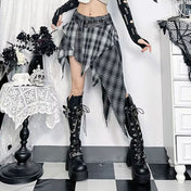 Cotton polyester apparel bottoms skirt miniskirt mini-skirt pleated-skirt asymmetrical-hem rough-edge frayed-edges zipper waistband-zip adjustable buckle wide-belt double-eyelet belt-loops soft rebellious trendy bold stylish unique fetish fashion alt-fashion alternative punk rock goth gothic gothic-inspired kink kinky kinkwear roleplay role-play uniform schoolgirl ageplay ddlg costume cosplay halloween back-to-school back-2-school female femme feminine womens tartan plaid black