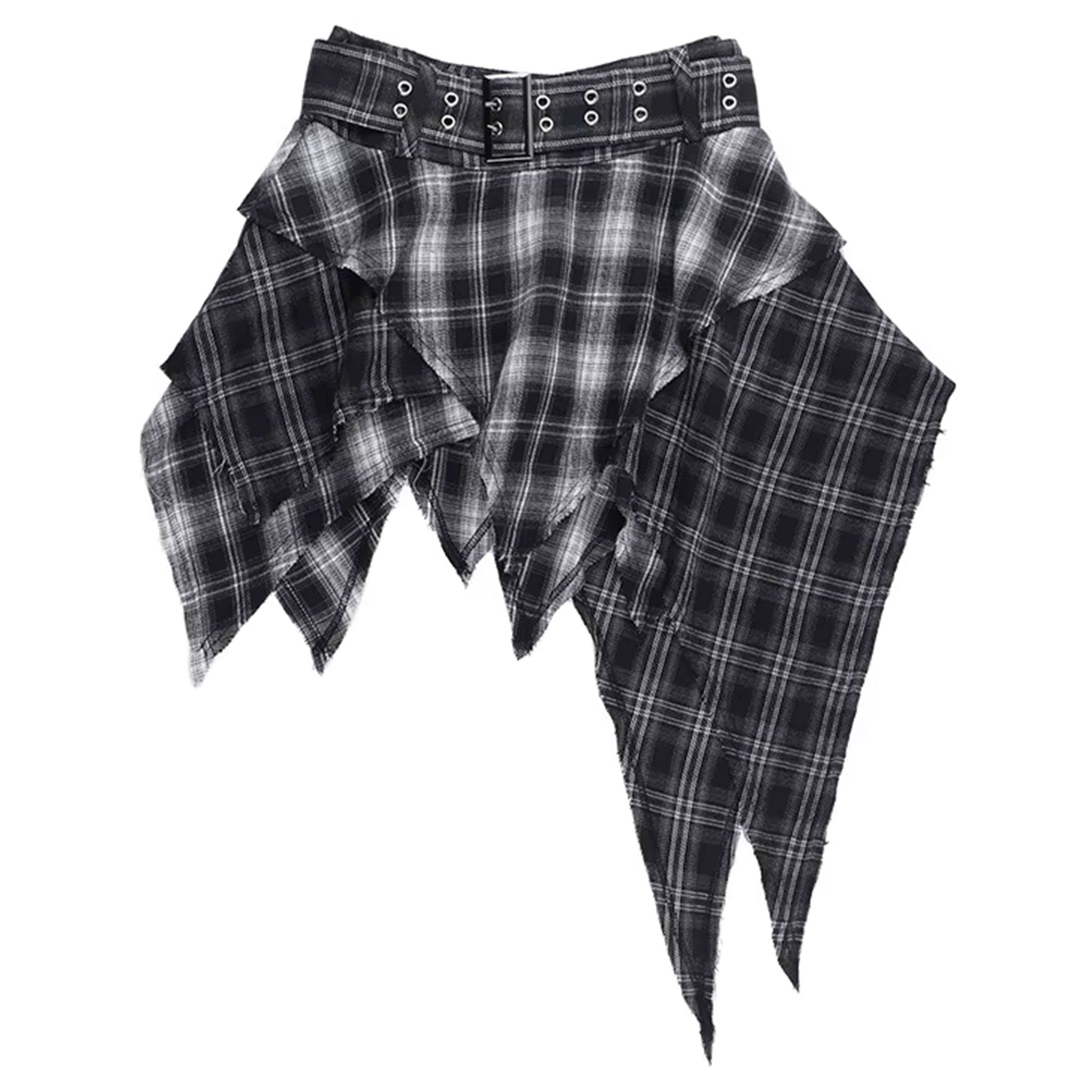 Cotton polyester apparel bottoms skirt miniskirt mini-skirt pleated-skirt asymmetrical-hem rough-edge frayed-edges zipper waistband-zip adjustable buckle wide-belt double-eyelet belt-loops soft rebellious trendy bold stylish unique fetish fashion alt-fashion alternative punk rock goth gothic gothic-inspired kink kinky kinkwear roleplay role-play uniform schoolgirl ageplay ddlg costume cosplay halloween back-to-school back-2-school female femme feminine womens tartan plaid black