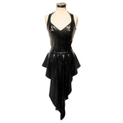PVC vinyl polyester PU elastane vegan-leather faux-leather dress a-line circle-skirt long sleeveless asymmetrical-hem asymmetrical hemline v-neck trail trailing cascade cascading back-zip zipper short-front long-back fetish fashion alt-fashion club clubwear party female femme feminine womens black hologram holographic