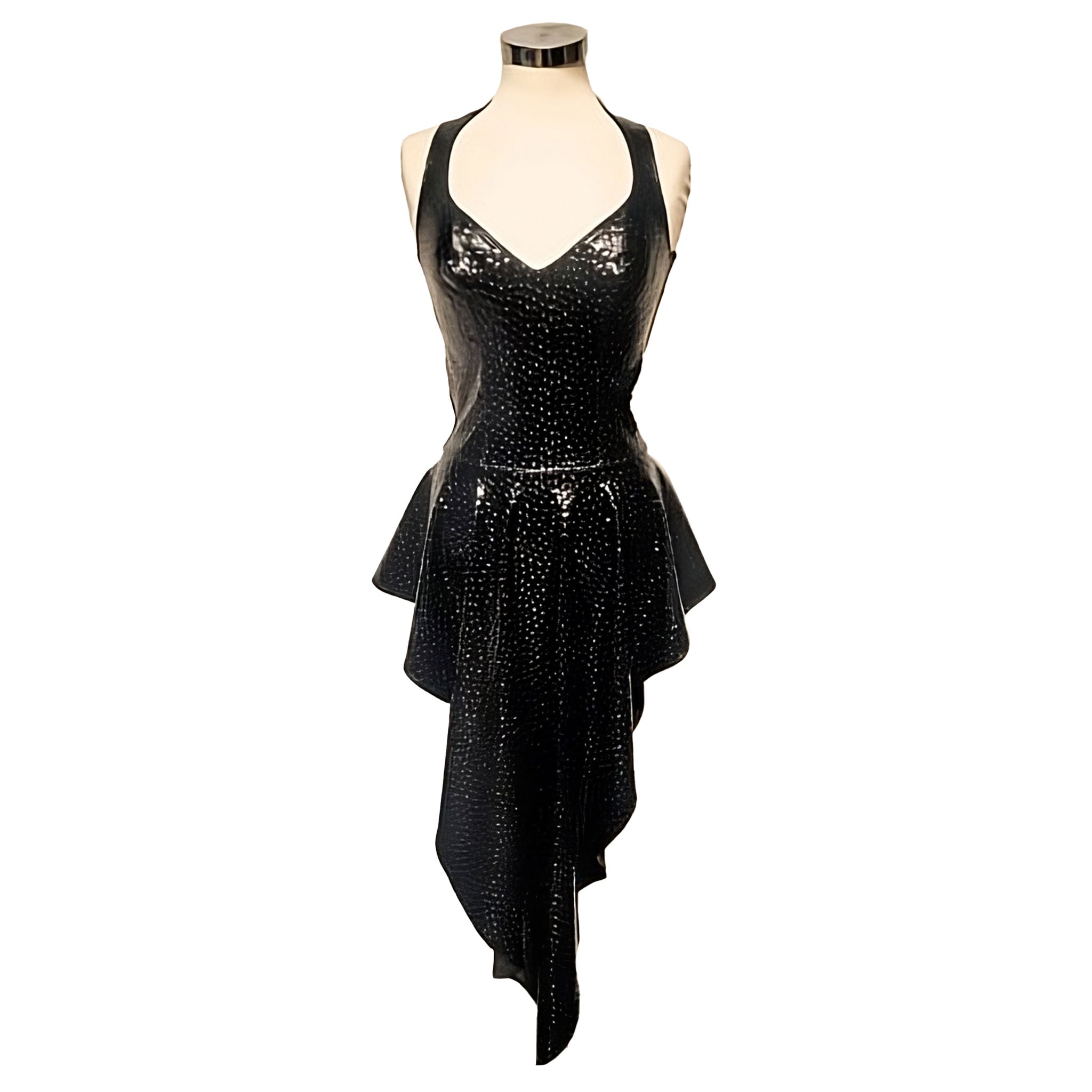 PVC vinyl polyester PU elastane vegan-leather faux-leather dress a-line circle-skirt long sleeveless asymmetrical-hem asymmetrical hemline v-neck trail trailing cascade cascading back-zip zipper short-front long-back fetish fashion alt-fashion club clubwear party female femme feminine womens black hologram holographic