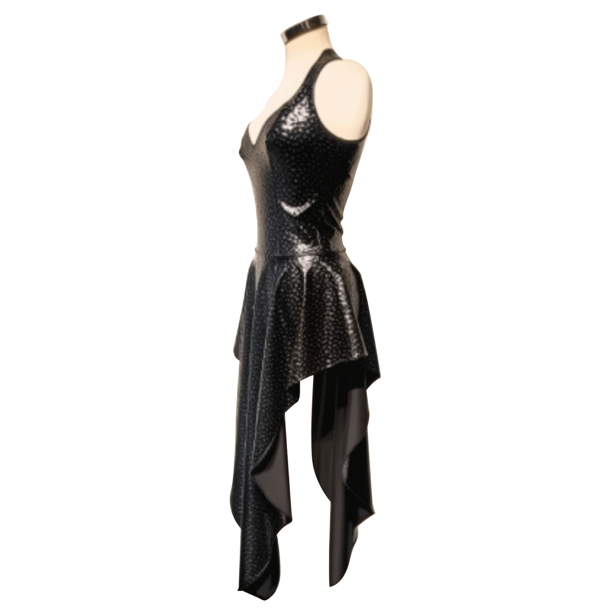 PVC vinyl polyester PU elastane vegan-leather faux-leather dress a-line circle-skirt long sleeveless asymmetrical-hem asymmetrical hemline v-neck trail trailing cascade cascading back-zip zipper short-front long-back fetish fashion alt-fashion club clubwear party female femme feminine womens black hologram holographic