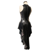 PVC vinyl polyester PU elastane vegan-leather faux-leather dress a-line circle-skirt long sleeveless asymmetrical-hem asymmetrical hemline v-neck trail trailing cascade cascading back-zip zipper short-front long-back fetish fashion alt-fashion club clubwear party female femme feminine womens black hologram holographic