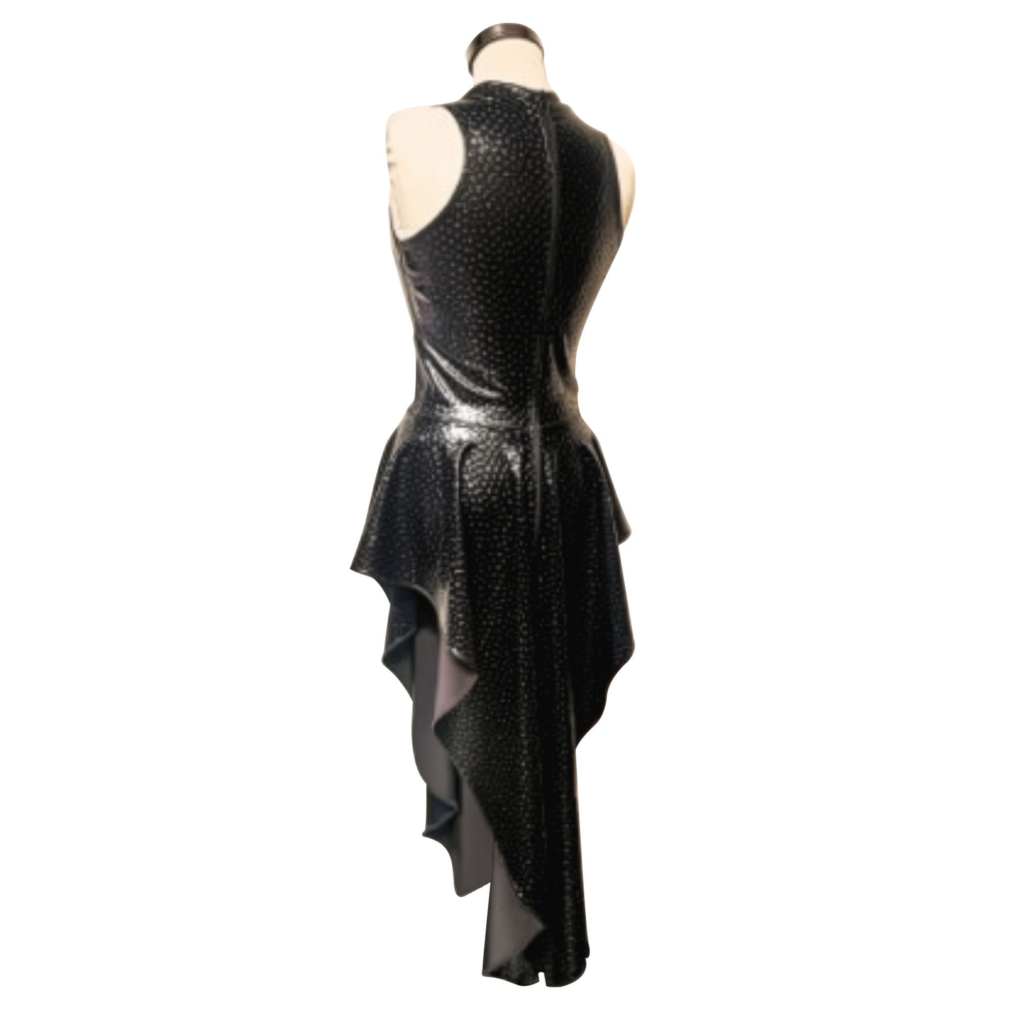PVC vinyl polyester PU elastane vegan-leather faux-leather dress a-line circle-skirt long sleeveless asymmetrical-hem asymmetrical hemline v-neck trail trailing cascade cascading back-zip zipper short-front long-back fetish fashion alt-fashion club clubwear party female femme feminine womens black hologram holographic