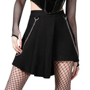 Stretch-fabric viscose polyamide elastane metallic-chain apparel bottoms skirts pleated-skirts asymmetrical-hem D-ring hanging-chain wallet-chain detachable zipper hidden-zip side-zip fitted layered lightweight stretchy  seductive bewitching fetish fashion alt-fashion punk goth gothic witch costume cosplay halloween schoolgirl female femme feminine womens black
