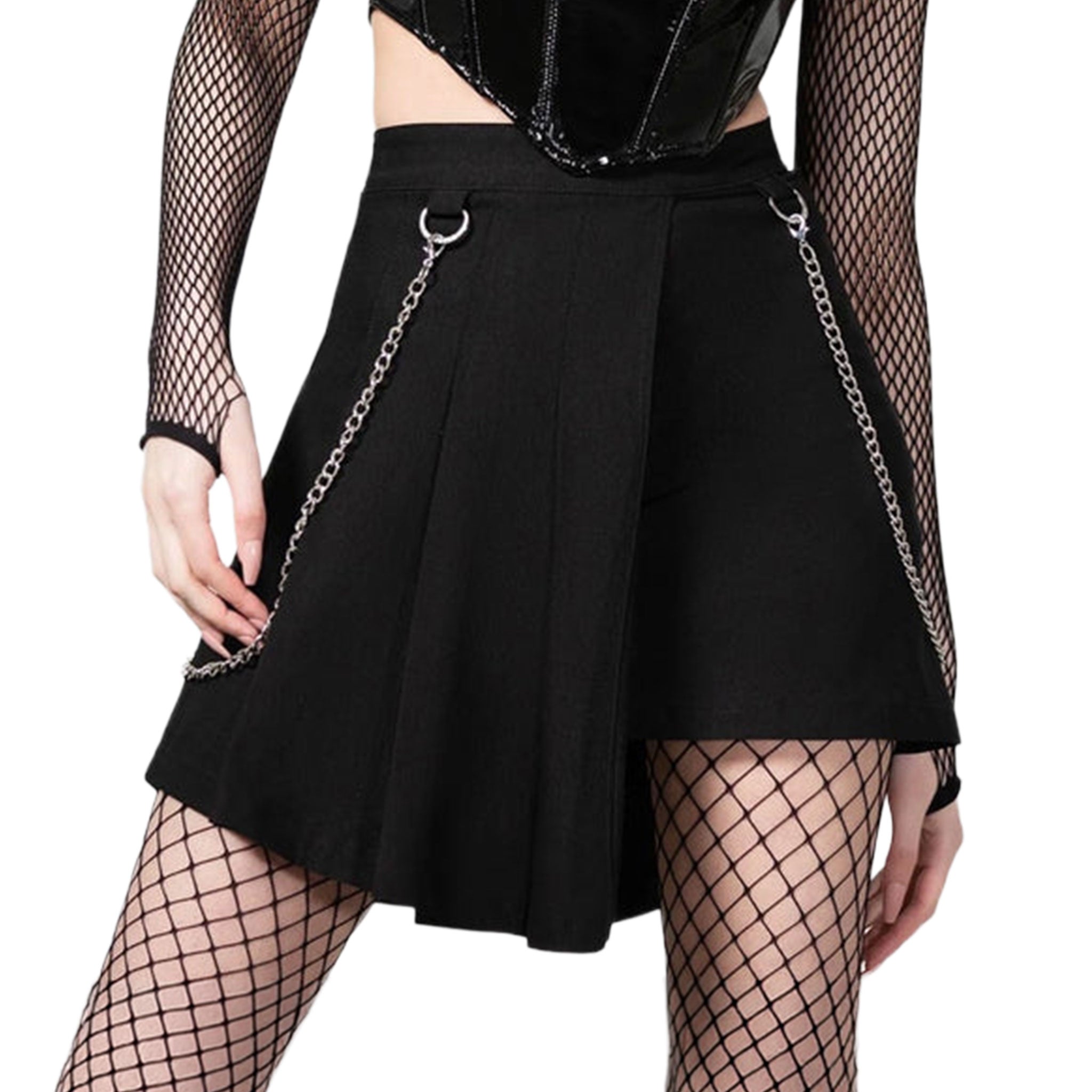 Stretch-fabric viscose polyamide elastane metallic-chain apparel bottoms skirts pleated-skirts asymmetrical-hem D-ring hanging-chain wallet-chain detachable zipper hidden-zip side-zip fitted layered lightweight stretchy  seductive bewitching fetish fashion alt-fashion punk goth gothic witch costume cosplay halloween schoolgirl female femme feminine womens black