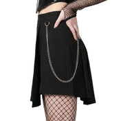 Stretch-fabric viscose polyamide elastane metallic-chain apparel bottoms skirts pleated-skirts asymmetrical-hem D-ring hanging-chain wallet-chain detachable zipper hidden-zip side-zip fitted layered lightweight stretchy  seductive bewitching fetish fashion alt-fashion punk goth gothic witch costume cosplay halloween schoolgirl female femme feminine womens black
