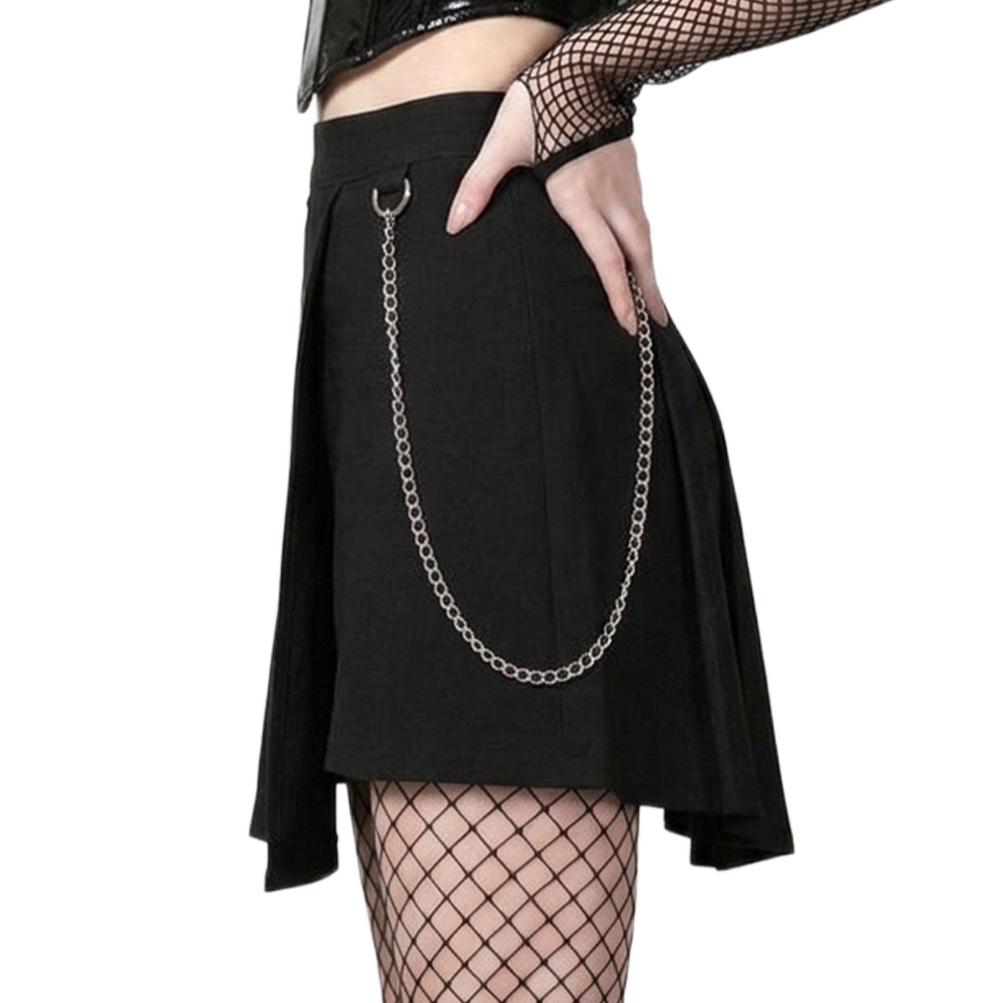 Stretch-fabric viscose polyamide elastane metallic-chain apparel bottoms skirts pleated-skirts asymmetrical-hem D-ring hanging-chain wallet-chain detachable zipper hidden-zip side-zip fitted layered lightweight stretchy  seductive bewitching fetish fashion alt-fashion punk goth gothic witch costume cosplay halloween schoolgirl female femme feminine womens black
