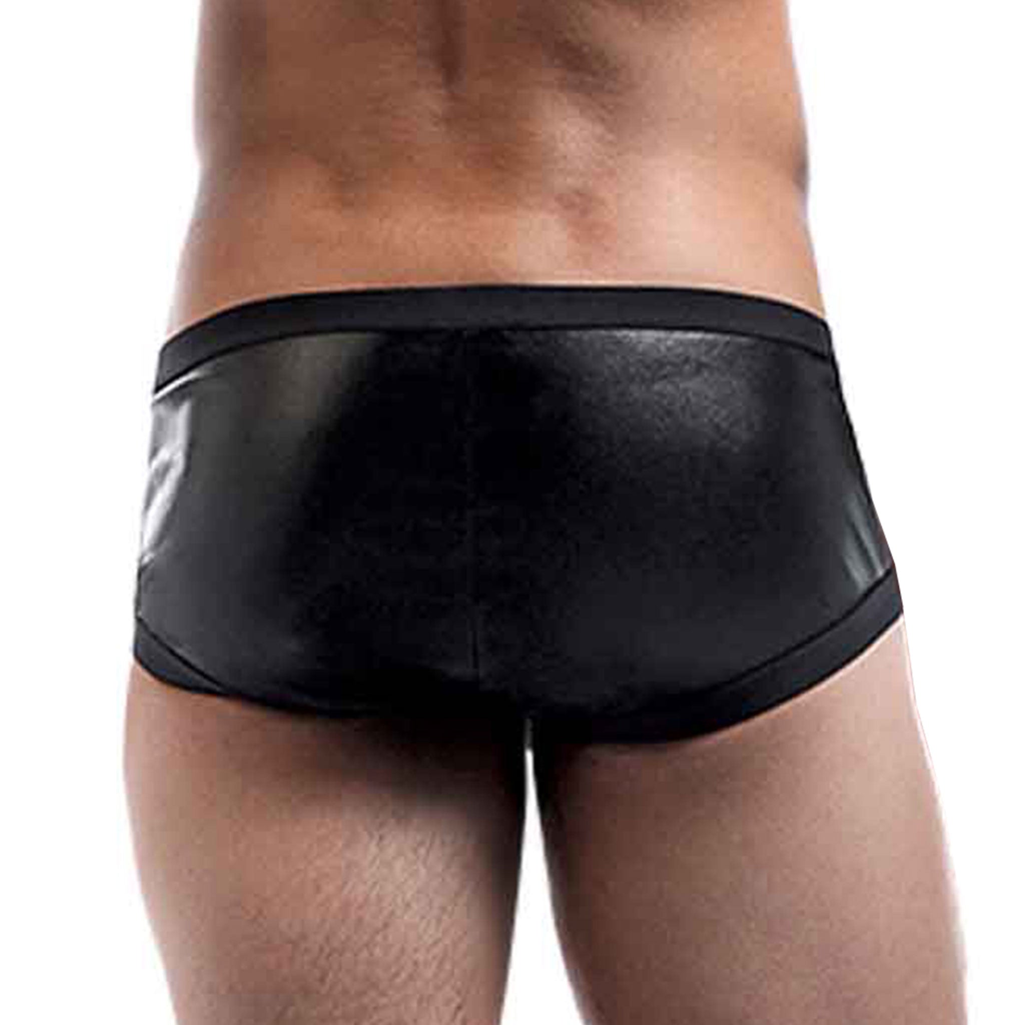 Wetlook polyester Spandex apparel intimates underwear lingerie shorts mini-shorts asymmetrical open-side adjustable buckle elastic bold sexy comfortable matte-glossy fetish fashion alt-fashion clubwear dancewear male masculine masc mens menswear guys dudes lgbtq gay black
