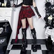 Polyester cotton leather vegan-leather apparel skirt midi-skirt mini-skirt asymmetrical bodycon zipper waistband-zip leather-belt adjustable buckle stylish trendy edgy unique stretchy comfortable fashion alt-fashion alternative punk goth gothic casual festival kink kinky kinkwear roleplay role-play uniform schoolgirl back-to-school back-2-school costume cosplay halloween female femme feminine womens tartan plaid red