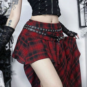 Polyester cotton leather vegan-leather apparel skirt midi-skirt mini-skirt asymmetrical bodycon zipper waistband-zip leather-belt adjustable buckle stylish trendy edgy unique stretchy comfortable fashion alt-fashion alternative punk goth gothic casual festival kink kinky kinkwear roleplay role-play uniform schoolgirl back-to-school back-2-school costume cosplay halloween female femme feminine womens tartan plaid red
