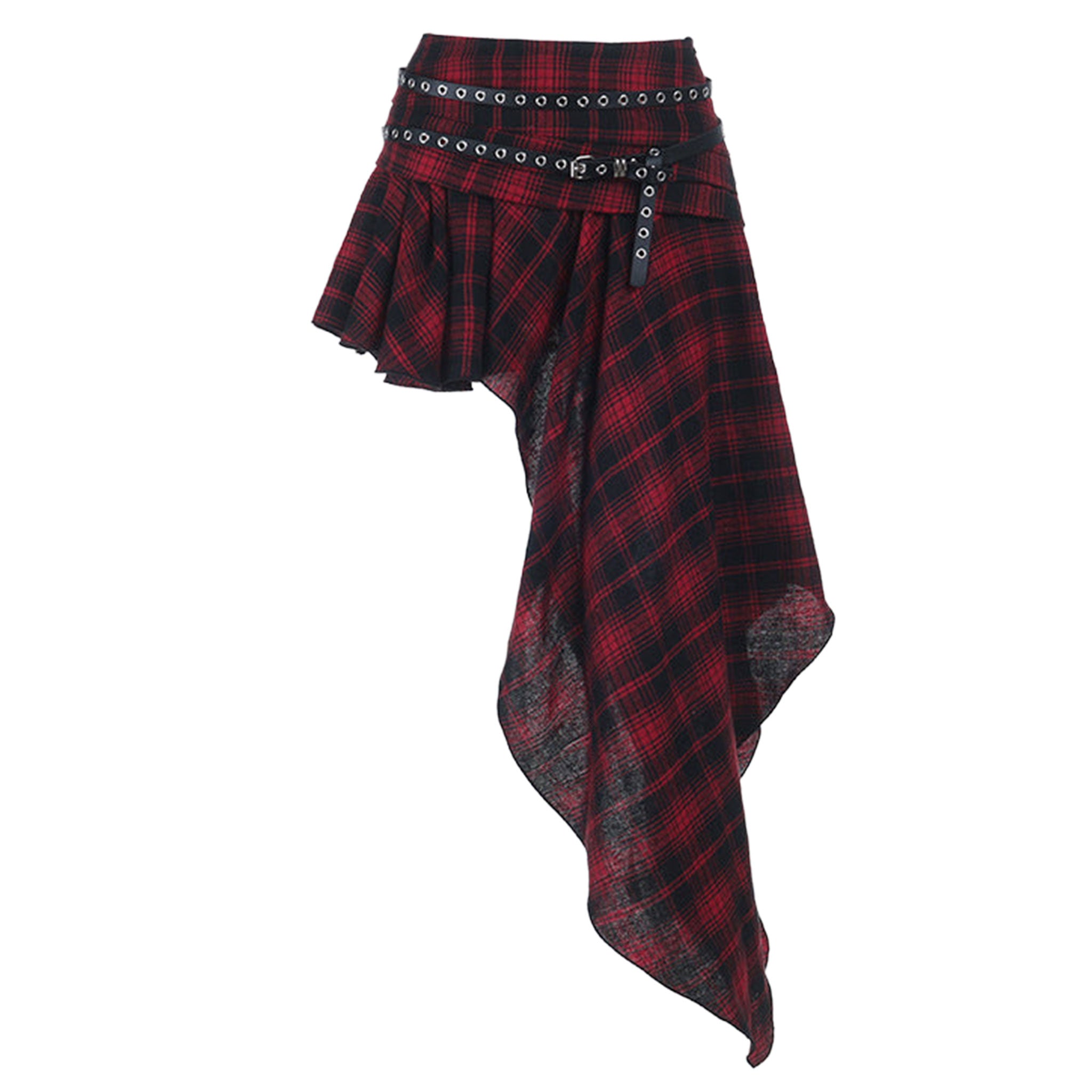 Polyester cotton leather vegan-leather apparel skirt midi-skirt mini-skirt asymmetrical bodycon zipper waistband-zip leather-belt adjustable buckle stylish trendy edgy unique stretchy comfortable fashion alt-fashion alternative punk goth gothic casual festival kink kinky kinkwear roleplay role-play uniform schoolgirl back-to-school back-2-school costume cosplay halloween female femme feminine womens tartan plaid red