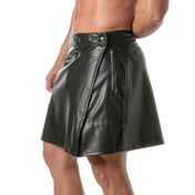 Black faux leather asymmetrical kilt with a large zip pocket, adjustable snap buttons, and sculpted rear lift.