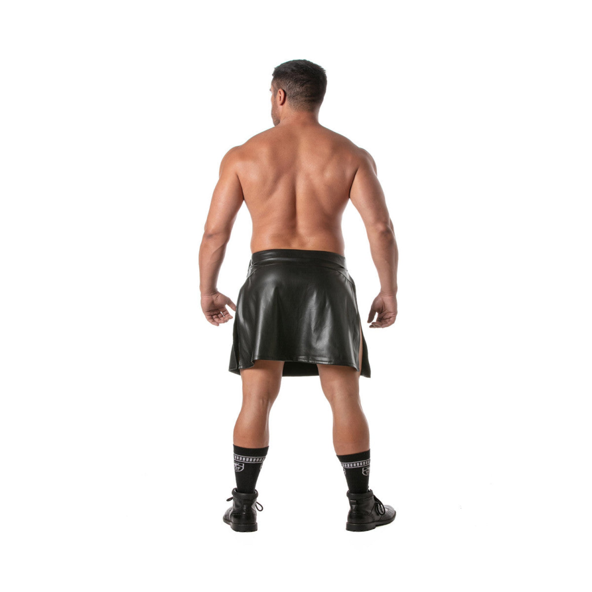 Black faux leather asymmetrical kilt with a large zip pocket, adjustable snap buttons, and sculpted rear lift.
