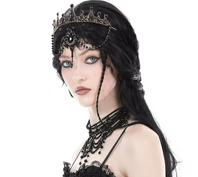 Gothic Princess Half Crown | Black Gem Tiara with Hanging Beads | Filigree Gothic Tiara | Golden Lace Gothic Crown | Black Lace Gem Princess Tiara