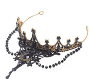 Gothic Princess Half Crown | Black Gem Tiara with Hanging Beads | Filigree Gothic Tiara | Golden Lace Gothic Crown | Black Lace Gem Princess Tiara