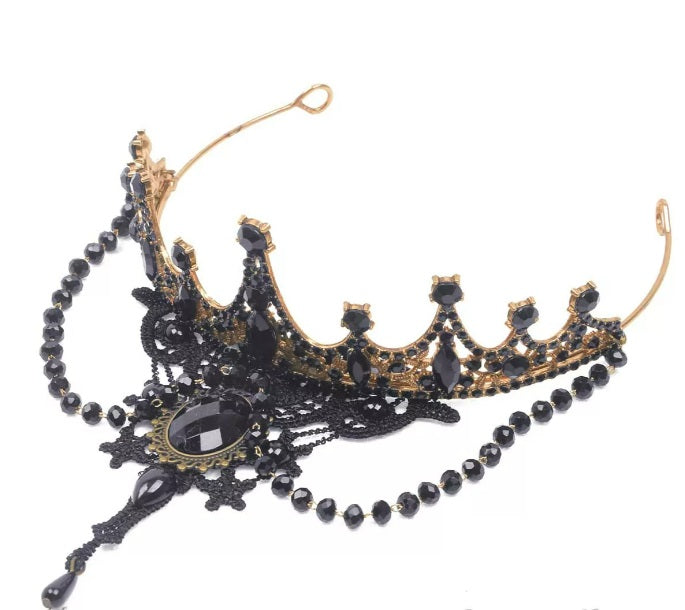 Gothic Princess Half Crown | Black Gem Tiara with Hanging Beads | Filigree Gothic Tiara | Golden Lace Gothic Crown | Black Lace Gem Princess Tiara