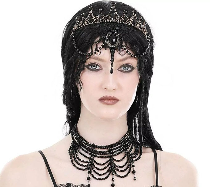 Gothic Princess Half Crown | Black Gem Tiara with Hanging Beads | Filigree Gothic Tiara | Golden Lace Gothic Crown | Black Lace Gem Princess Tiara