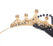 Gothic Princess Half Crown | Black Gem Tiara with Hanging Beads | Filigree Gothic Tiara | Golden Lace Gothic Crown | Black Lace Gem Princess Tiara