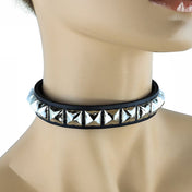 Leather vegan-leather accessories neckwear collar choker studs studded pyramid-studs adjustable buckle edgy spicy chunky fetish fashion alt-fashion alternative punk rock goth gothic emo scene festival rave raver-babe bondage bondage-collar bdsm bdsm-gear bdsm-toys kink kinky kinkwear kinky-toys costume cosplay halloween halloween-accessories gifts unisex silver 