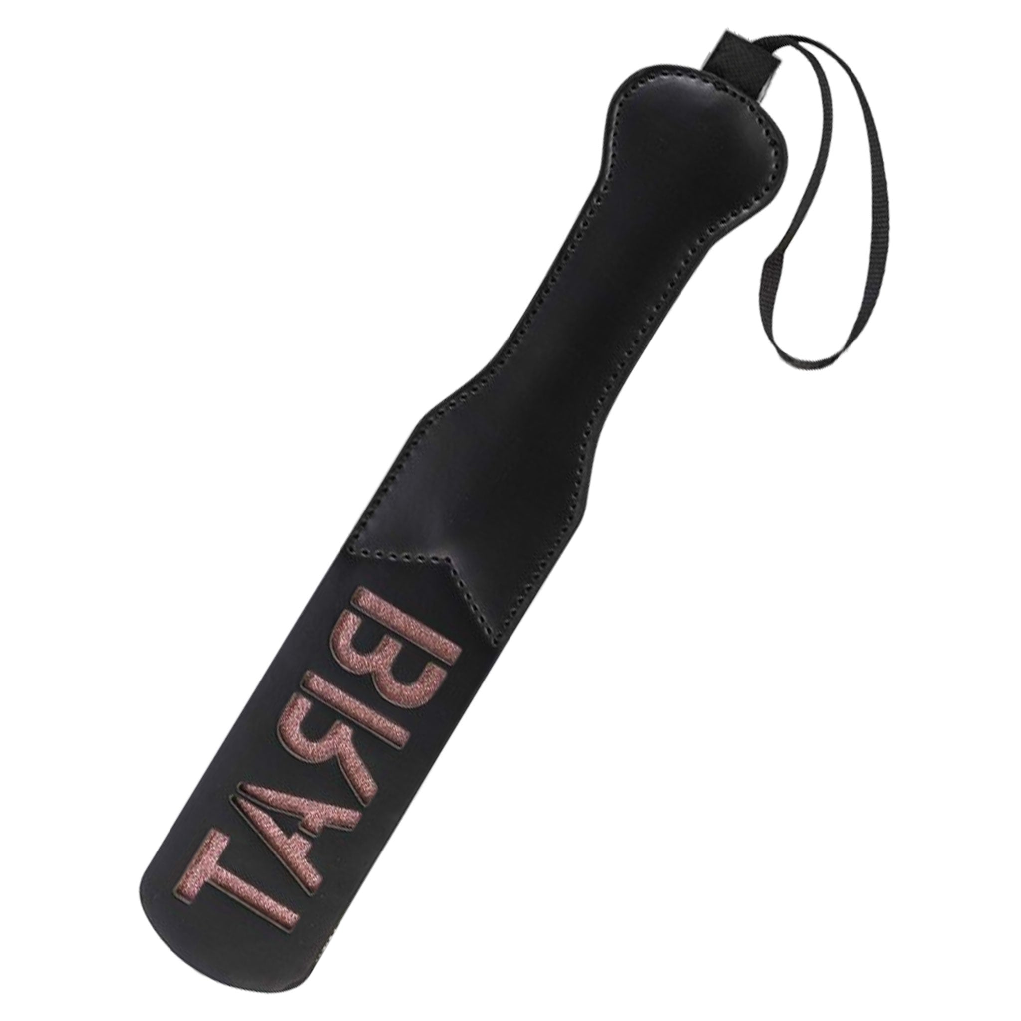 Leather PU faux-leather accessories paddle slapper die-cut cutout reversed marking imprint delicious thuddy fetish fashion alt-fashion alternative bedroom dungeon bondage bdsm bdsm-toys bdsm-gear kink kinky kinky-play kinky-toys impact impact-toys impact-play spanking punishment discipline pain costume cosplay halloween unisex black rose-gold brat 