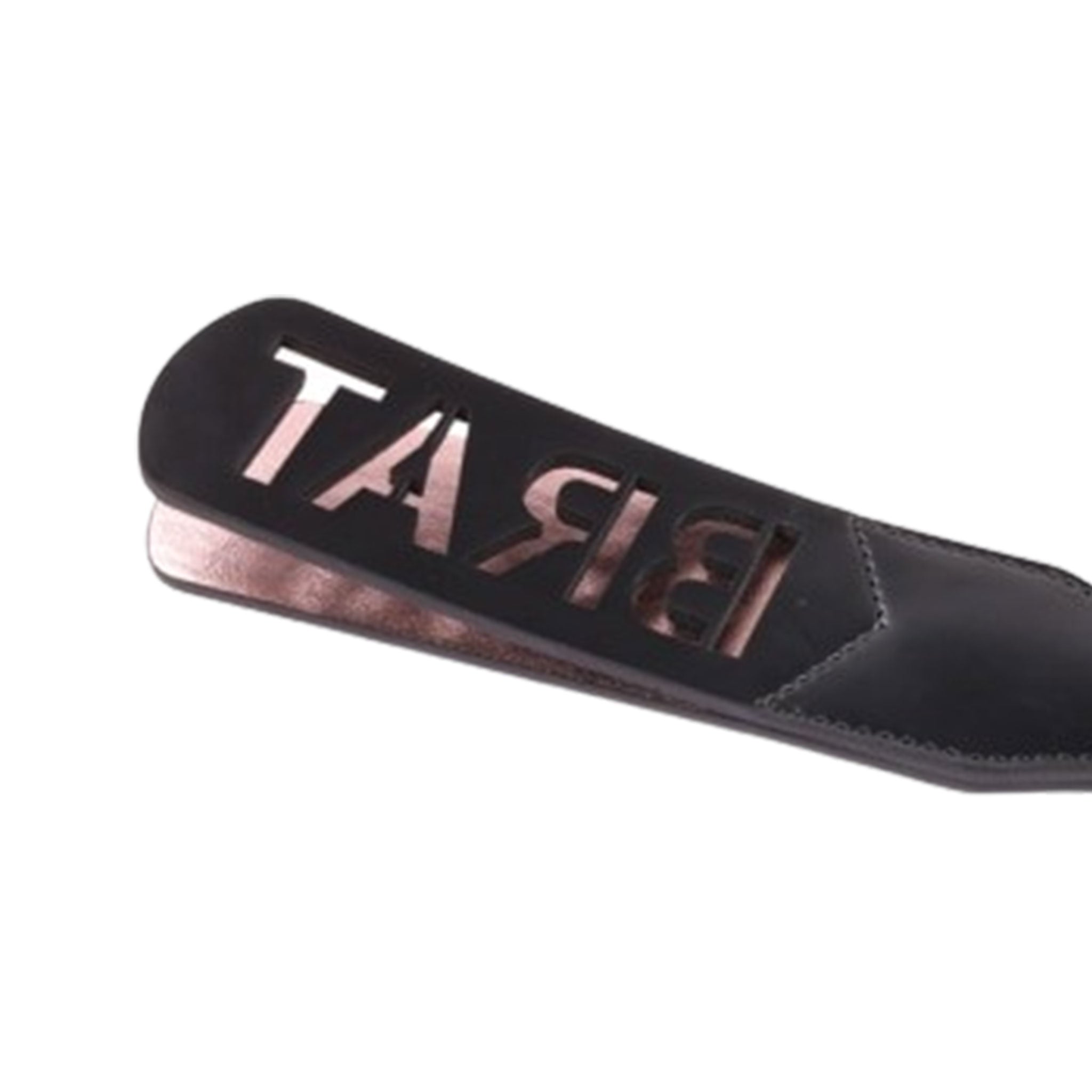 Leather PU faux-leather accessories paddle slapper die-cut cutout reversed marking imprint delicious thuddy fetish fashion alt-fashion alternative bedroom dungeon bondage bdsm bdsm-toys bdsm-gear kink kinky kinky-play kinky-toys impact impact-toys impact-play spanking punishment discipline pain costume cosplay halloween unisex black rose-gold brat 