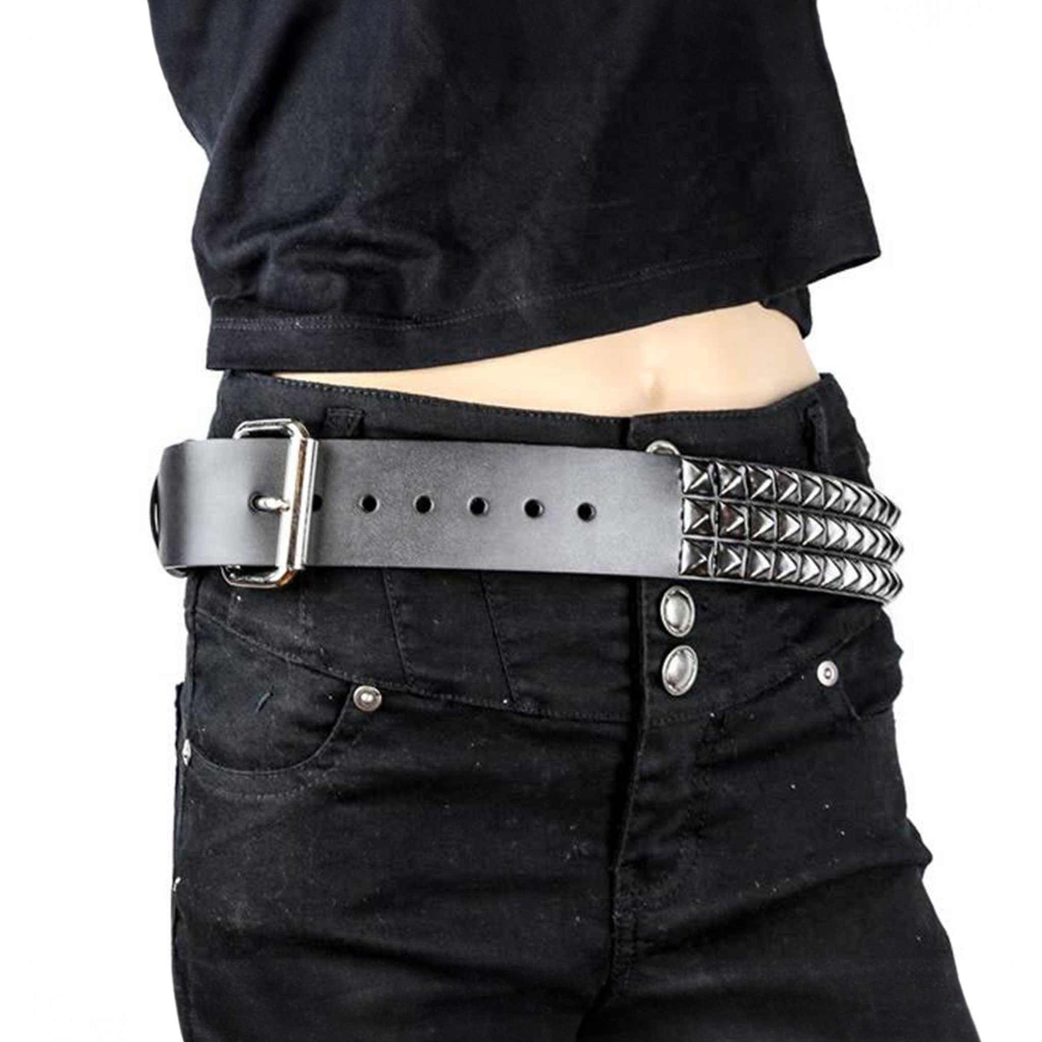 Leather belt pyramid studs 3 three row accessories black 