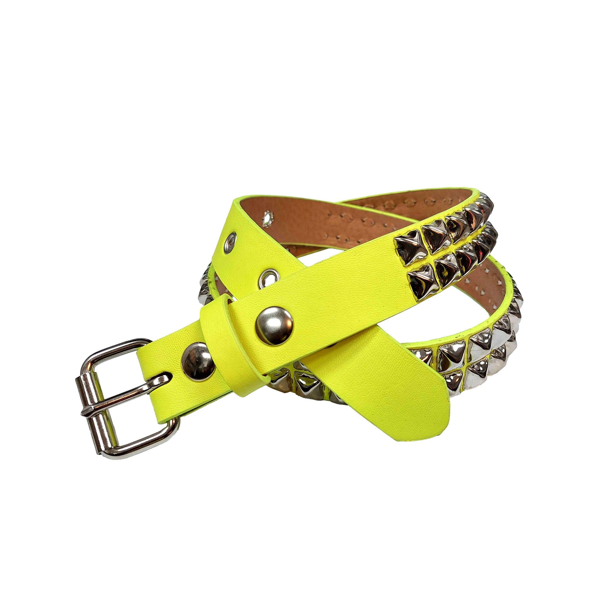 PU pleather faux vegan leather belt pyramid studded double row buckle neon yellow