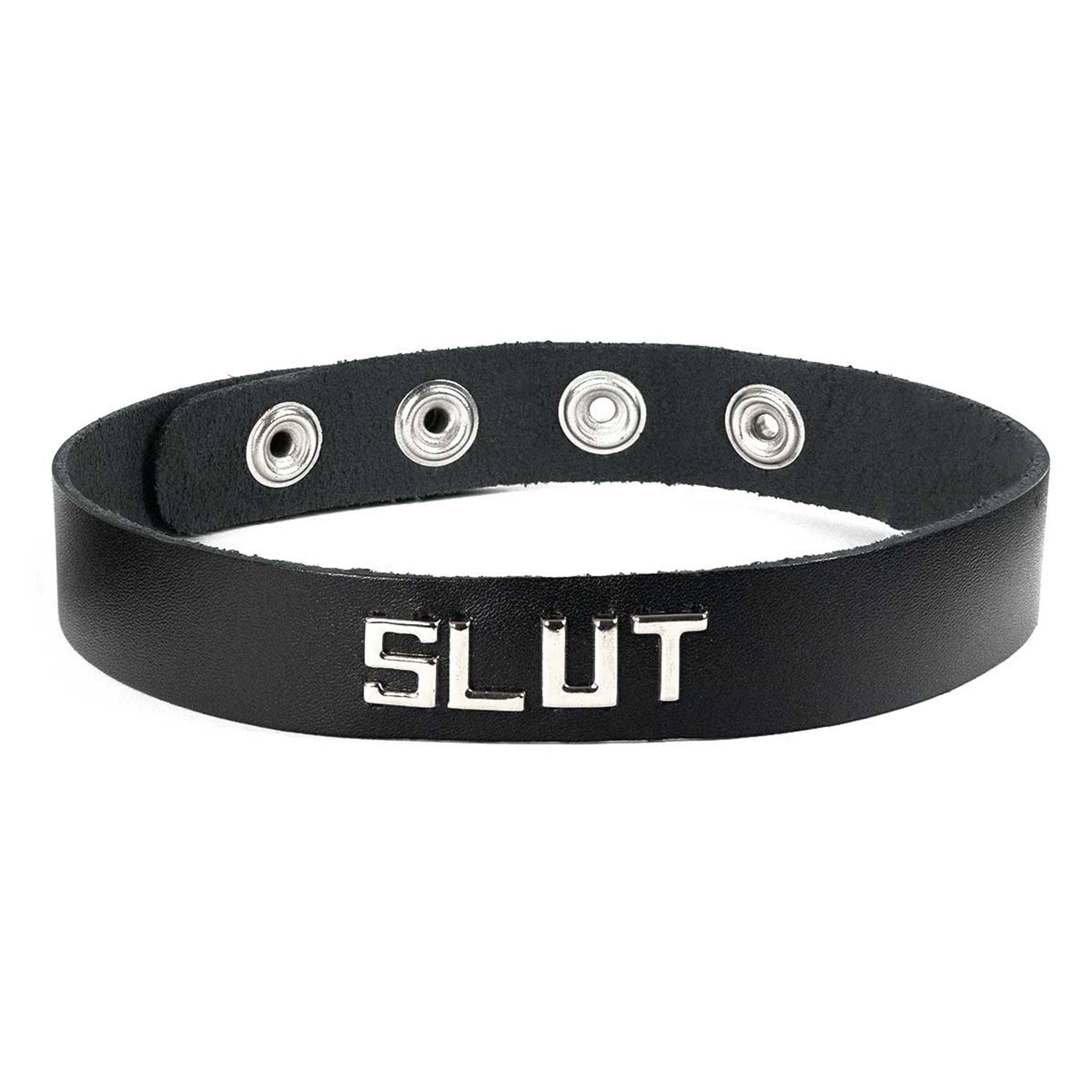 Word Letter Studs Leather Collar Black