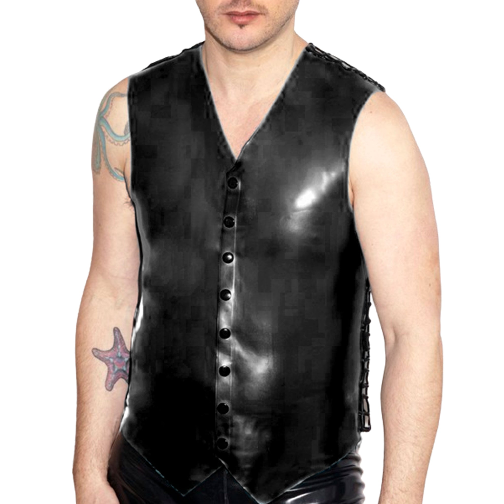 latex men vest fishnet back, snap button latex vest, backless rubber vest for men, latex net design top, fetish rubberwear for men, hand-poured latex menswear