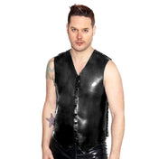 Latex natural-latex latex-sheeting hand-poured top outerwear vest front panels snap-button press-button back net layering fetish fashion alt-fashion male masculine masc mens menswear guys dudes black