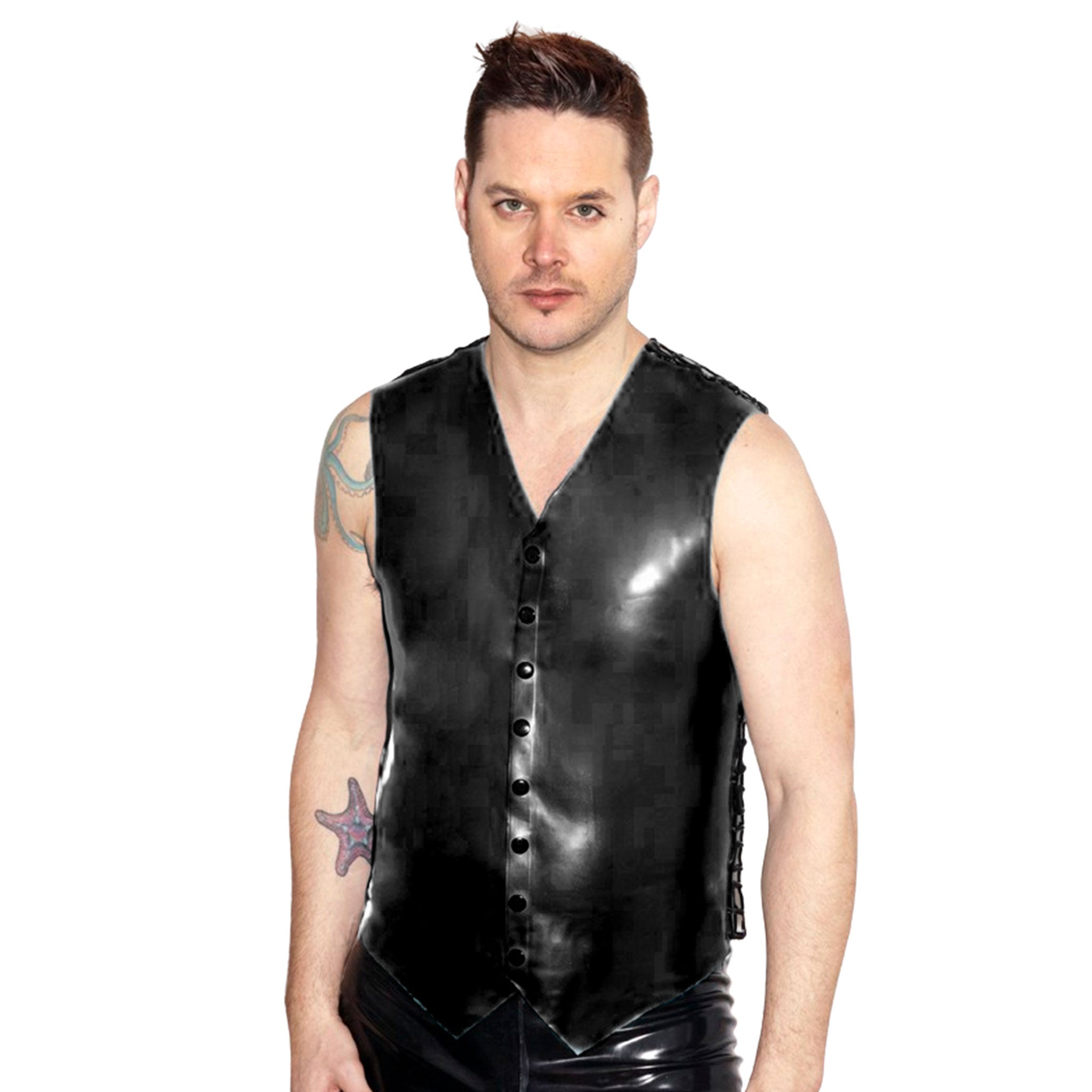 Latex natural-latex latex-sheeting hand-poured top outerwear vest front panels snap-button press-button back net layering fetish fashion alt-fashion male masculine masc mens menswear guys dudes black