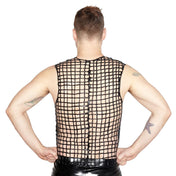 Latex natural-latex latex-sheeting hand-poured top outerwear vest front panels snap-button press-button back net layering fetish fashion alt-fashion male masculine masc mens menswear guys dudes black