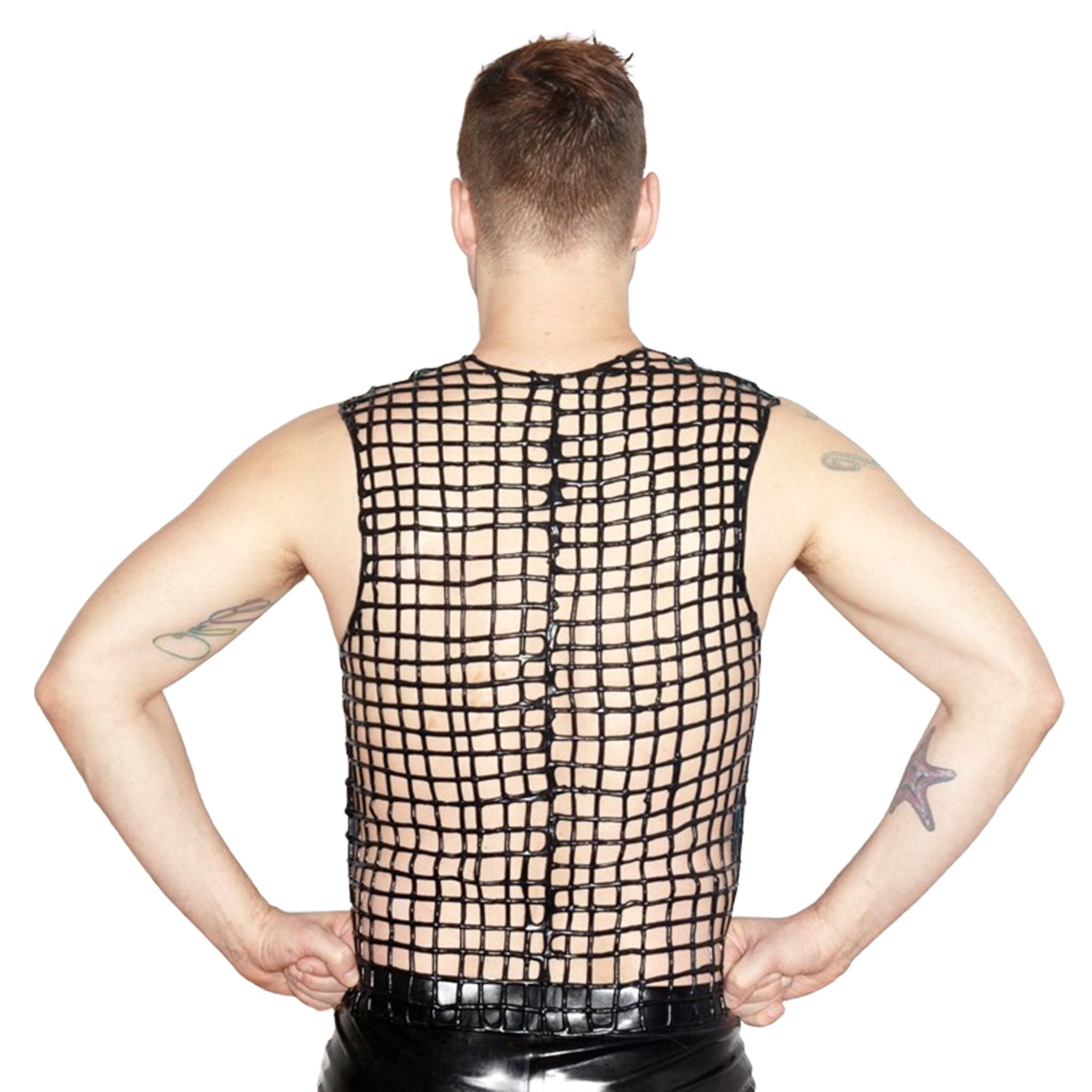 Latex natural-latex latex-sheeting hand-poured top outerwear vest front panels snap-button press-button back net layering fetish fashion alt-fashion male masculine masc mens menswear guys dudes black