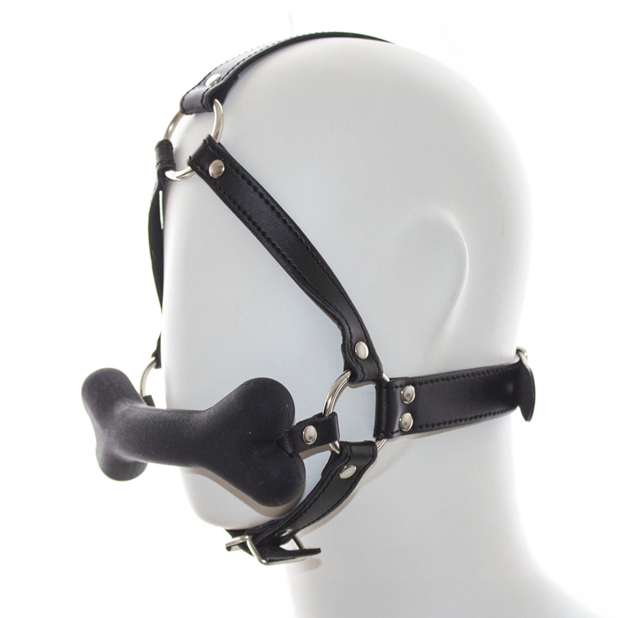 Silicone leather vegan-leather accessories gag mouth-gag bar-gag bone-gag harness head-harness full-head head-strap chin-strap adjustable buckles naughty fetish fashion alt-fashion bondage bdsm bdsm-toys bdsm-gear bdsm-fashion kink kinky kinky-play kinkwear pet-play dog doggo puppy puppy-play sub submissive submission costume cosplay halloween unisex black