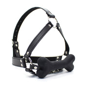 Silicone leather vegan-leather accessories gag mouth-gag bar-gag bone-gag harness head-harness full-head head-strap chin-strap adjustable buckles naughty fetish fashion alt-fashion bondage bdsm bdsm-toys bdsm-gear bdsm-fashion kink kinky kinky-play kinkwear pet-play dog doggo puppy puppy-play sub submissive submission costume cosplay halloween unisex black